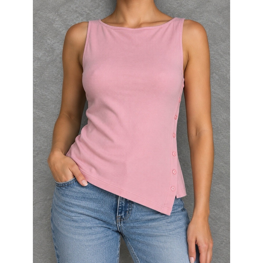 Reformation Blouse Womens Medium Pink Ribbed Asymmetrical Side Button Fitted Y2K